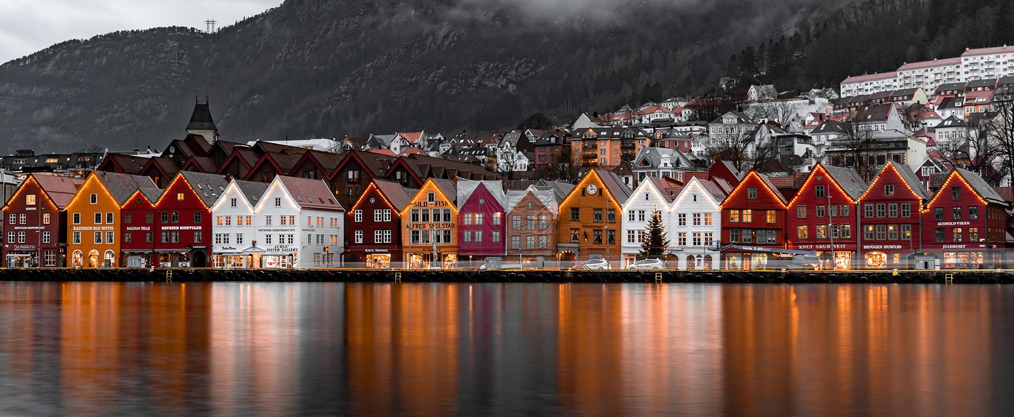 Colourful wooden houses, called Bryggen, along the waterfront in Bergen city center.